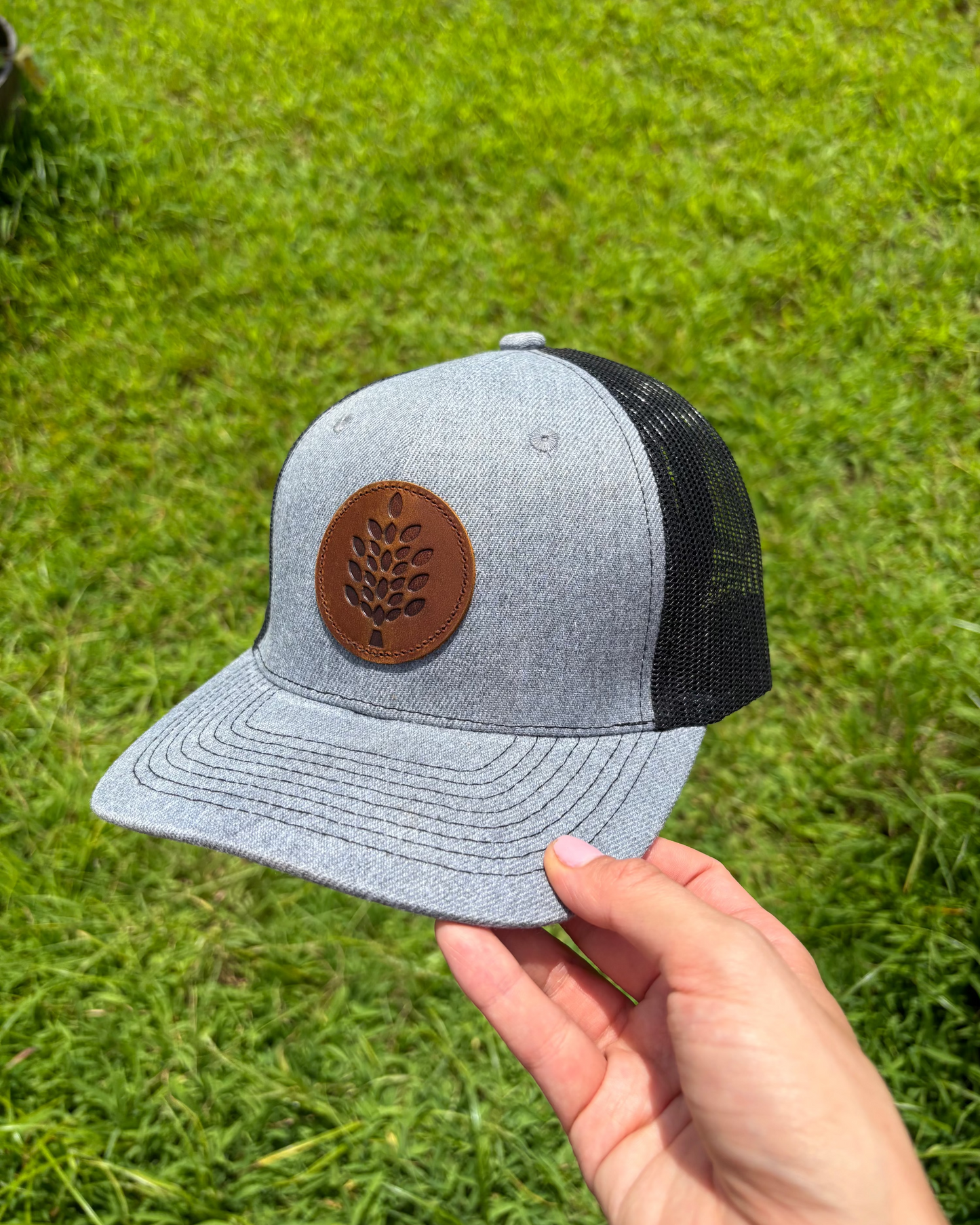Grey Trucker Hat with Leather Patch
