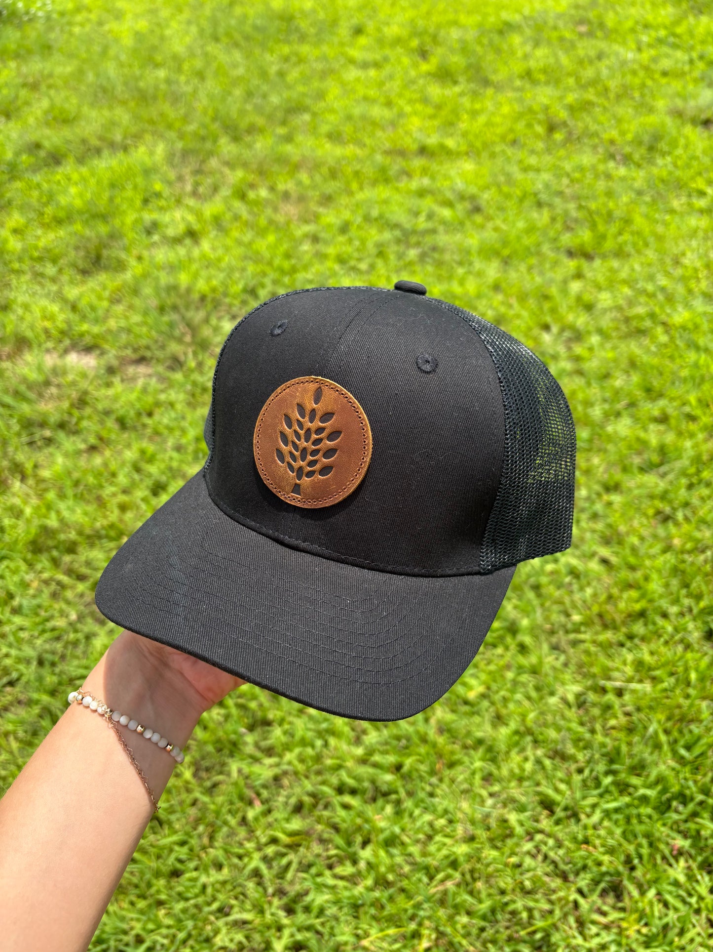 Black Trucker Hat with Leather Patch