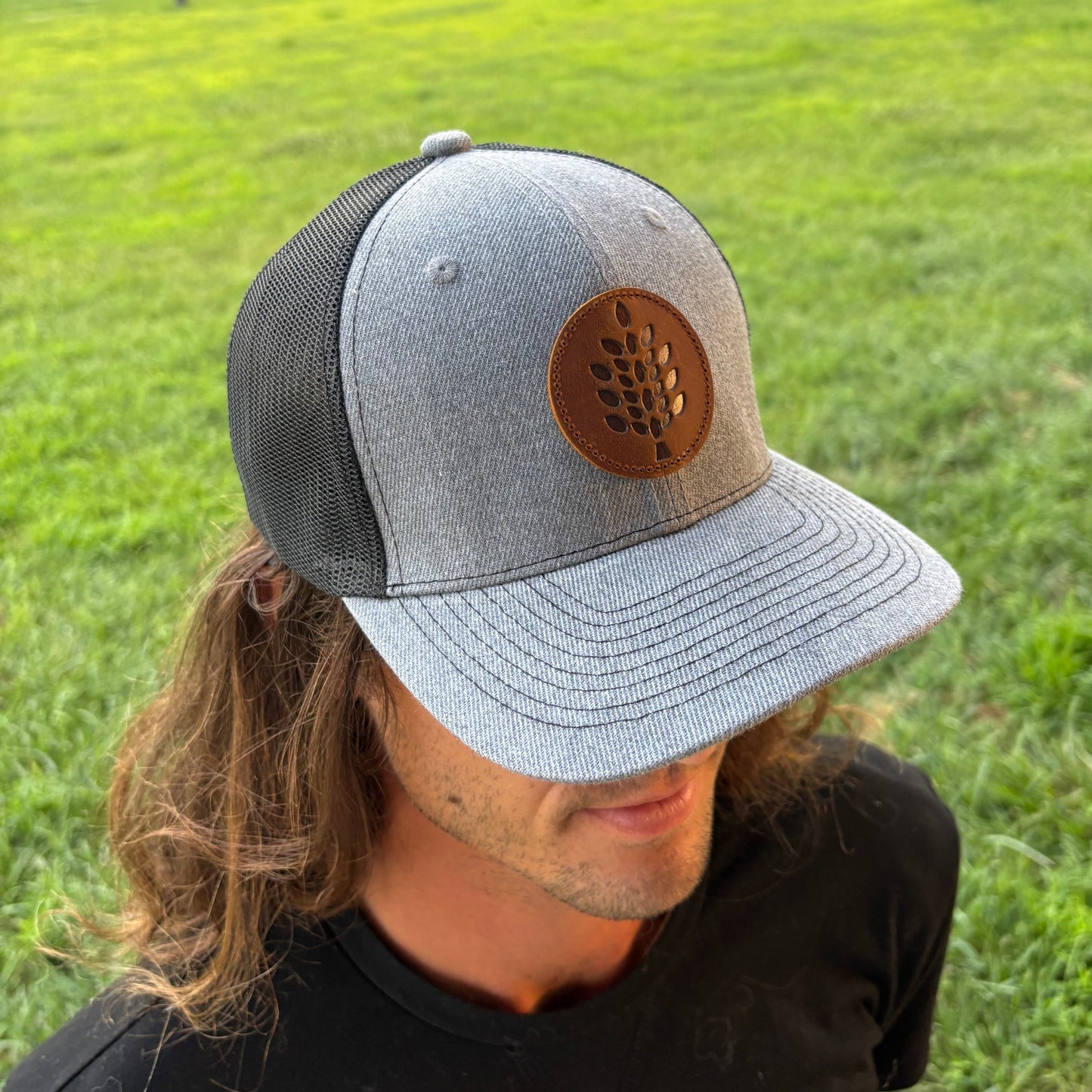 Grey Trucker Hat with Leather Patch