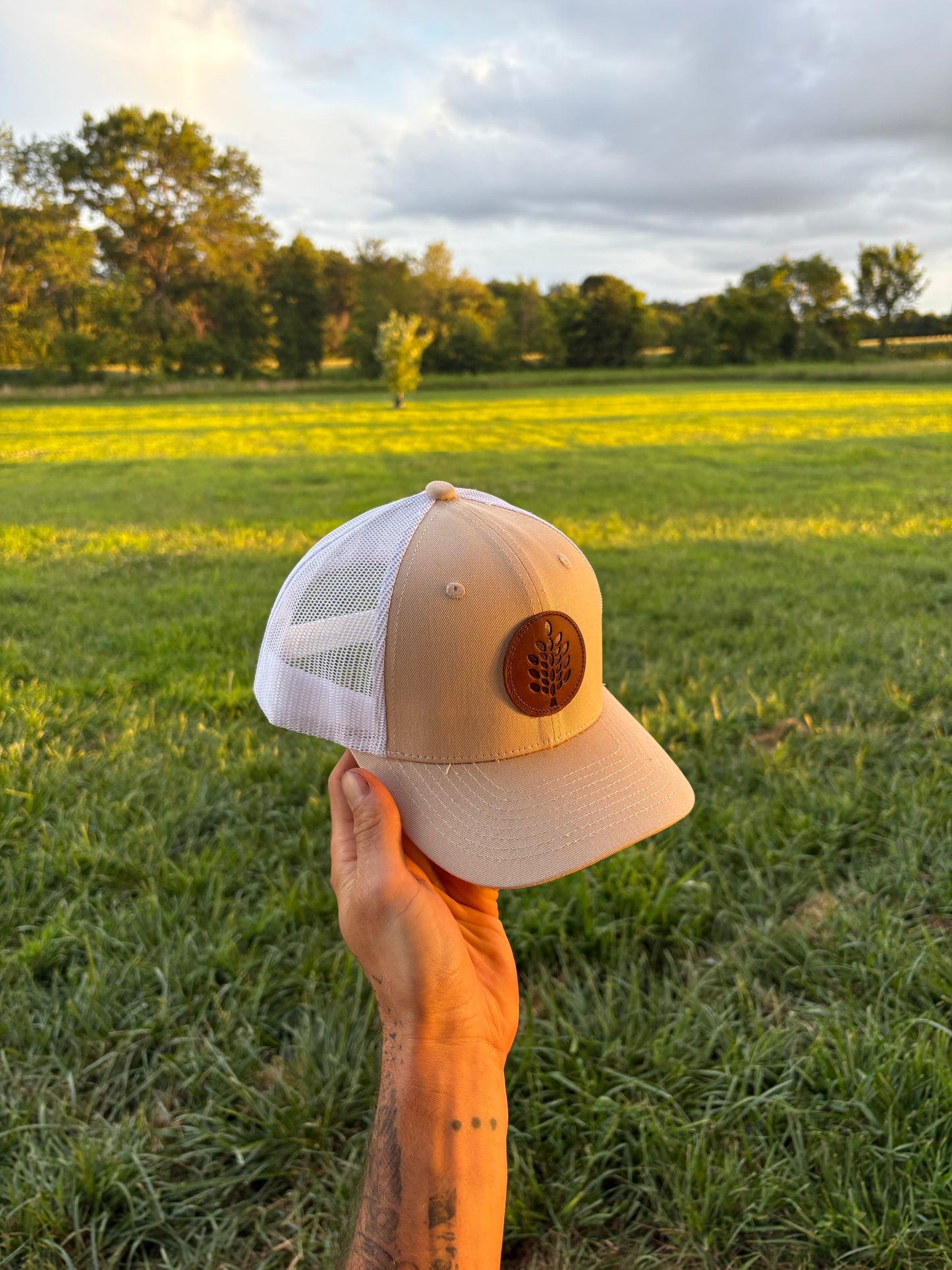 Tan Trucker Hat with Leather Patch