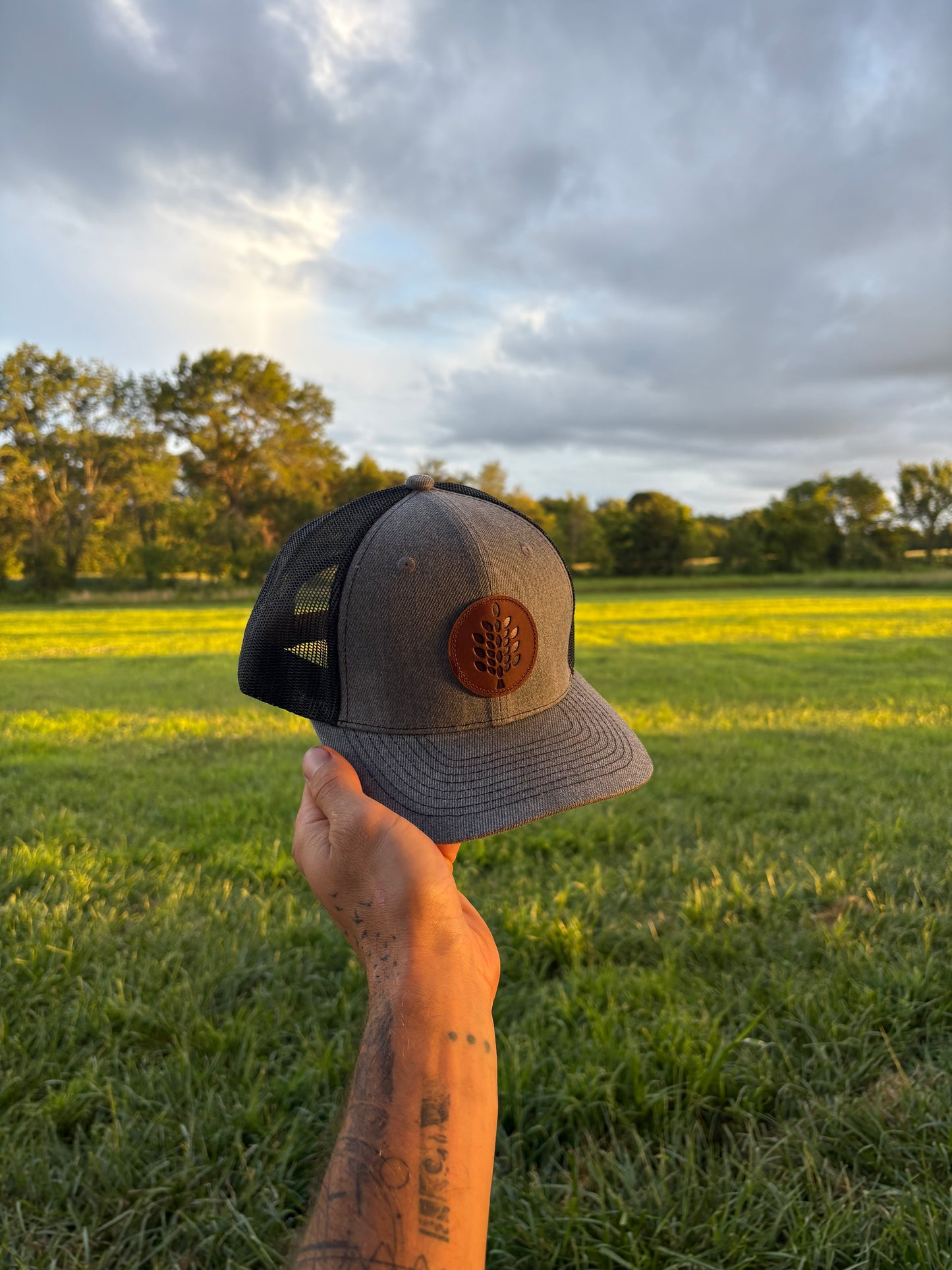 Grey Trucker Hat with Leather Patch