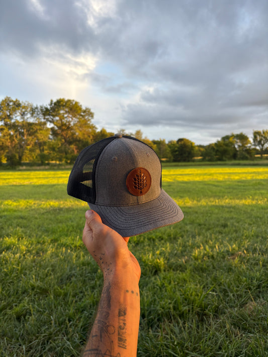 Grey Trucker Hat with Leather Patch